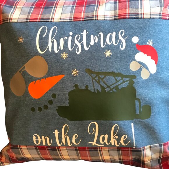 Holiday Lake Scene Pillow Cover: Appliqued Christmas on the Lake w/Pontoon 18x18 - Picture 7 of 10